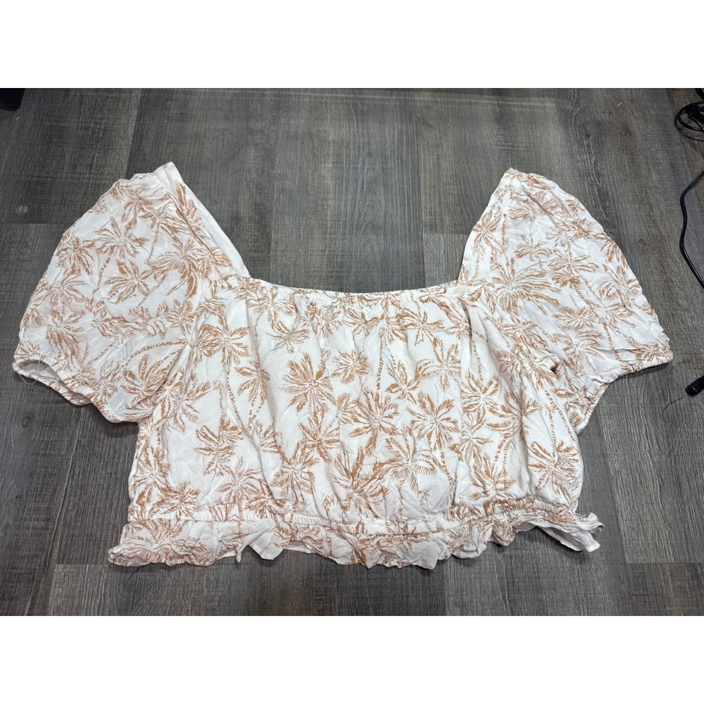 1.STATE Women XL Palm Tree Print Puff Sleeve Smocked Crop Top White Tan